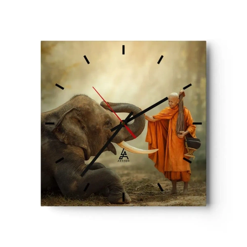 Wanduhr - Glasuhr - Ein Mönch und ein Elefant in Harmonie vor der Kulisse der Natur - 30x30cm - Treffen unterwegs - Moderne Wanddekoration für Wohnzimmer und Schlafzimmer ARTTOR