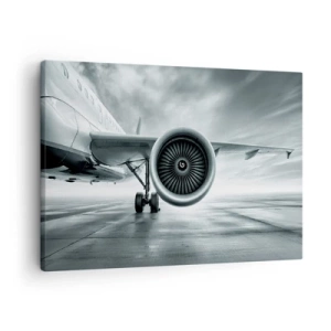 Bild auf Leinwand - Leinwandbild - Das Düsentriebwerk eines Flugzeugs auf dem Rollfeld - 70x50cm - Die Macht ist da! - Moderne Wanddekoration für Wohnzimmer und Schlafzimmer ARTTOR