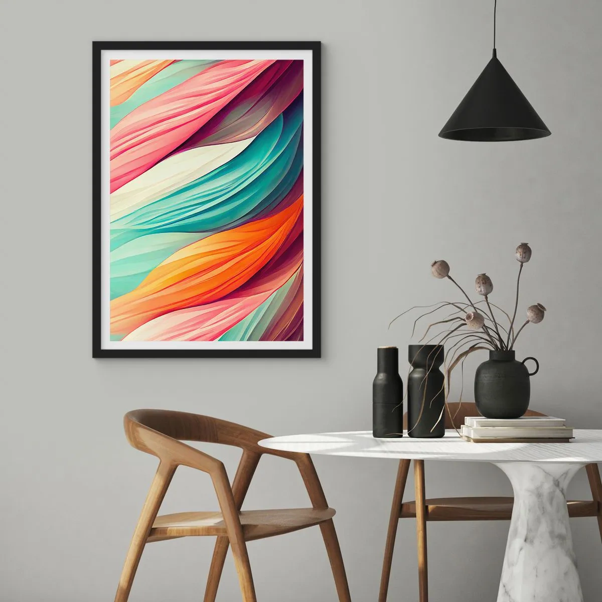 Poster in einem schwarzem Rahmen - Eine abstrakte Komposition aus Wellenlinien in intensiven Farben. - 50x70cm - Regenbogengewebe - Moderne Wanddekoration für Wohnzimmer und Schlafzimmer ARTTOR