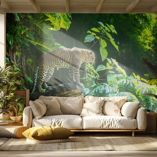 Fototapete Premium Sand - Auf die Jagd? - Dschungel, Leopard, Tropen - 200x140 cm