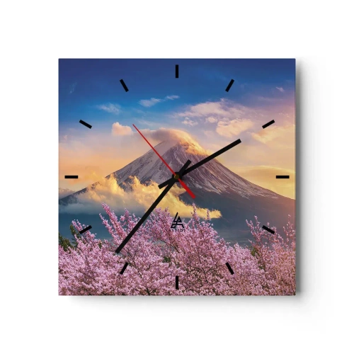 Wanduhr - Glasuhr - Mount Fuji mit Kirschblüten im Hintergrund bei Sonnenuntergang - 30x30cm - Japanische Heiligkeit - Moderne Wanddekoration für Wohnzimmer und Schlafzimmer ARTTOR