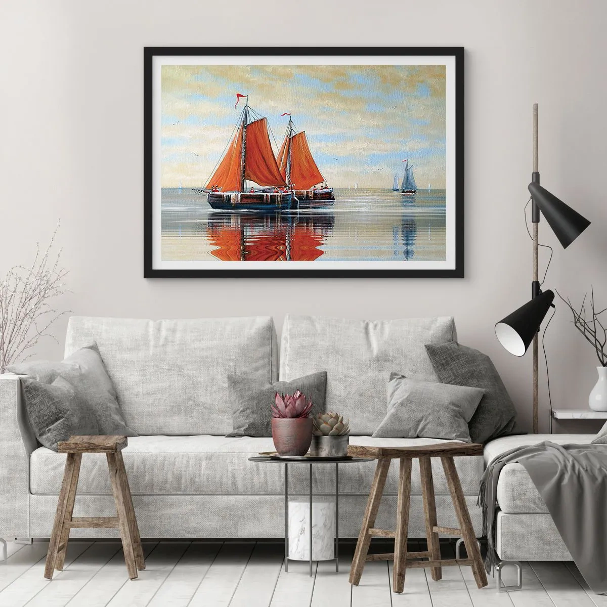 Poster in einem schwarzem Rahmen - Zweimast-Segelboote in ruhigem Wasser - 100x70cm - Hey, Segel, Matrose ... - Moderne Wanddekoration für Wohnzimmer und Schlafzimmer ARTTOR