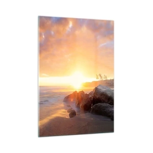 Glasbild - Bild auf glas - Sonnenuntergang über dem Meer mit Steinen am Ufer - 50x70cm - Leuchtende Brise des Abends - Moderne Wanddekoration für Wohnzimmer und Schlafzimmer ARTTOR