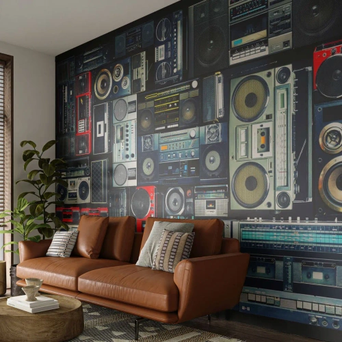 Fototapete Premium Canvas - Sehnsucht nach den 1980er Jahren - Kassettenrekorder, Musikverstärker, Vintage Musikausrüstung - 200x140 cm
