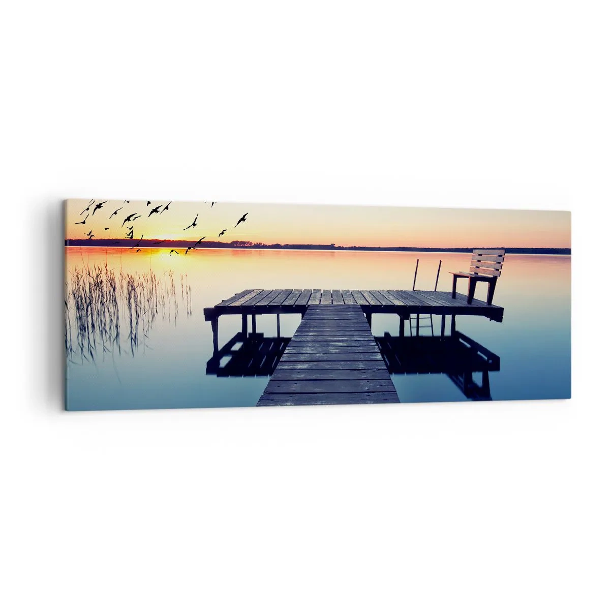 Bild auf Leinwand - Leinwandbild - Holzsteg auf einem See bei Sonnenaufgang mit Vögeln - 140x50cm - Das war ein guter Tag - Moderne Wanddekoration für Wohnzimmer und Schlafzimmer ARTTOR
