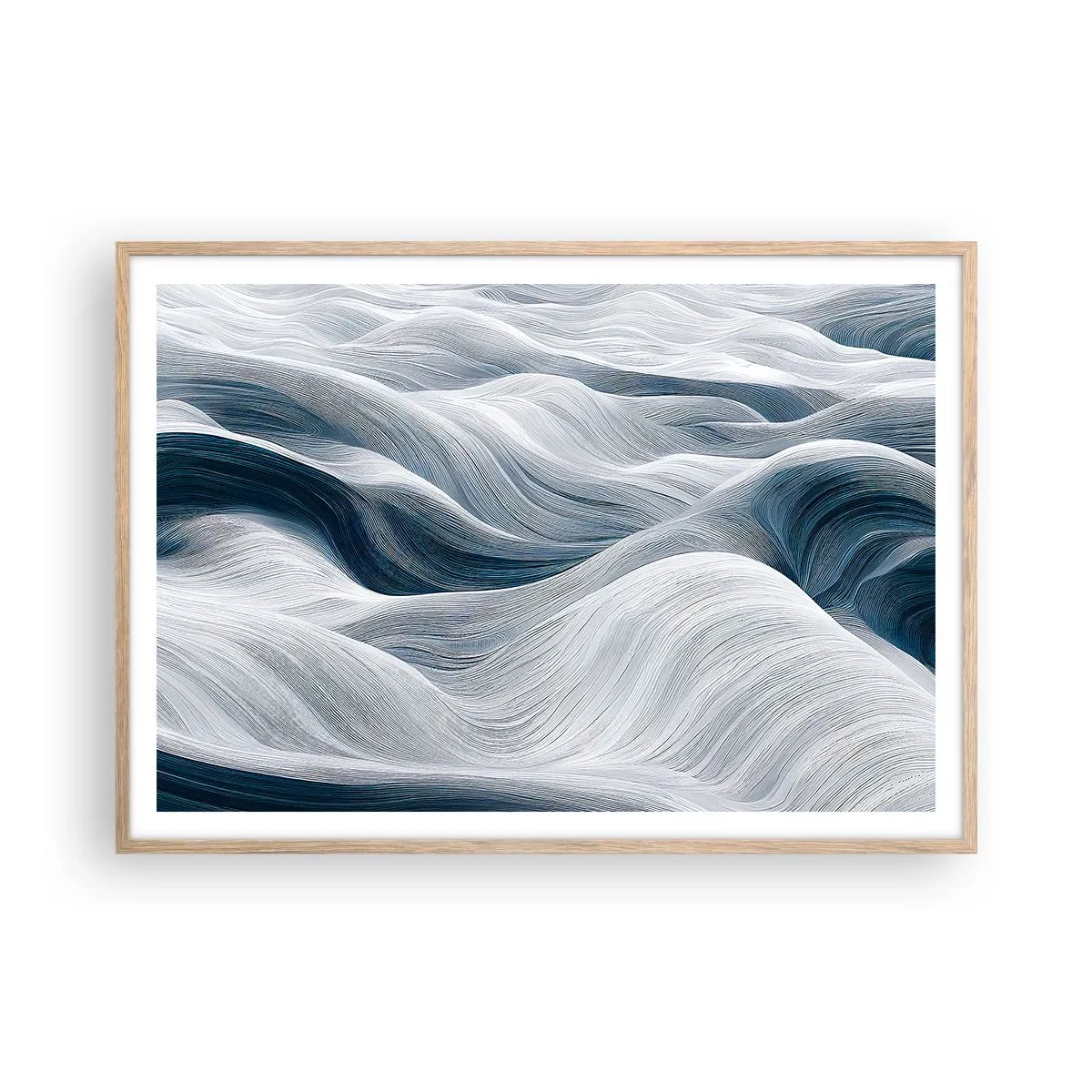 Poster in einem Rahmen aus heller Eiche - Weiße und blaue Wellen - 100x70 cm