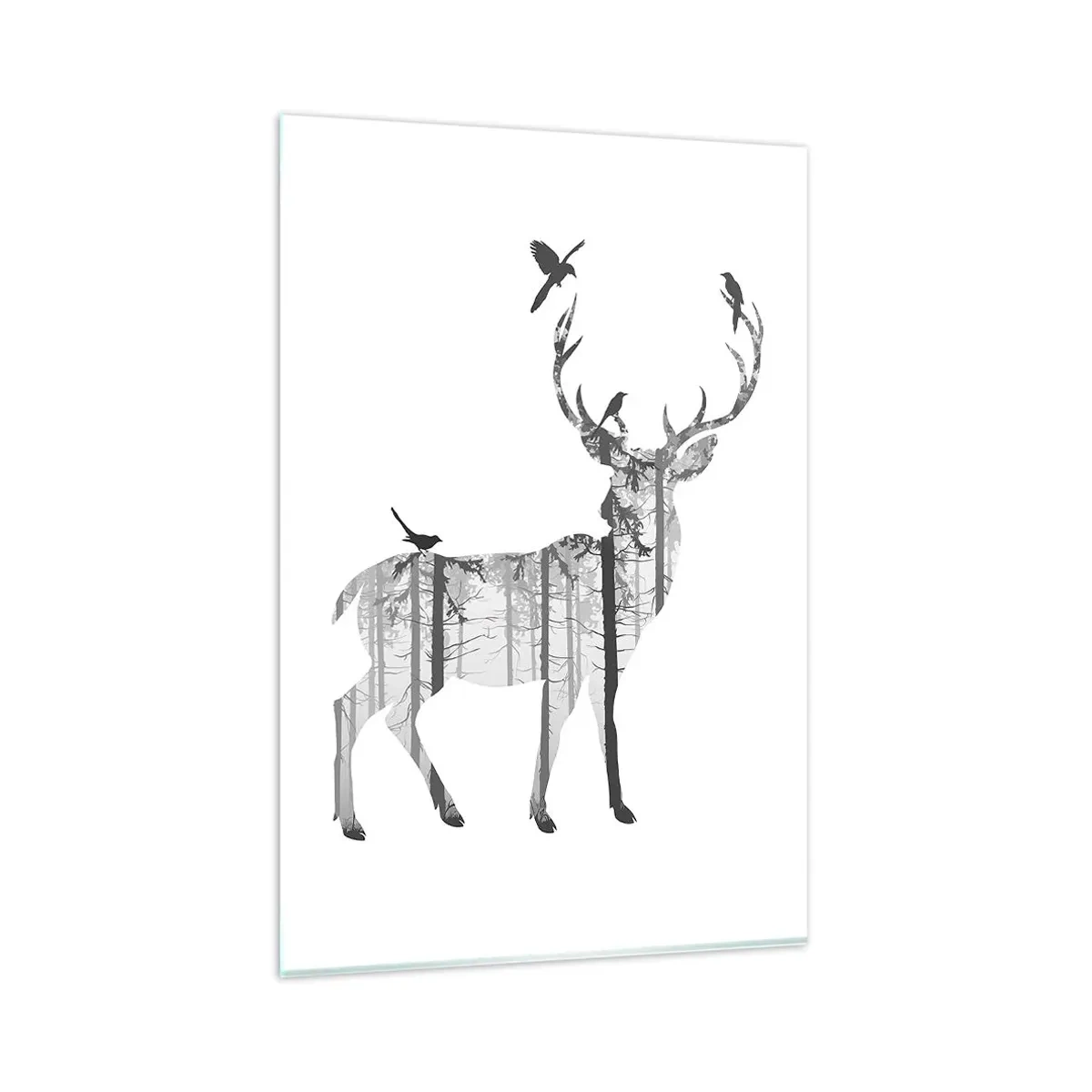 Glasbild - Bild auf glas - Silhouette eines Hirsches mit Wald und Vögeln - 80x120cm - Guter Waldgeist - Moderne Wanddekoration für Wohnzimmer und Schlafzimmer ARTTOR