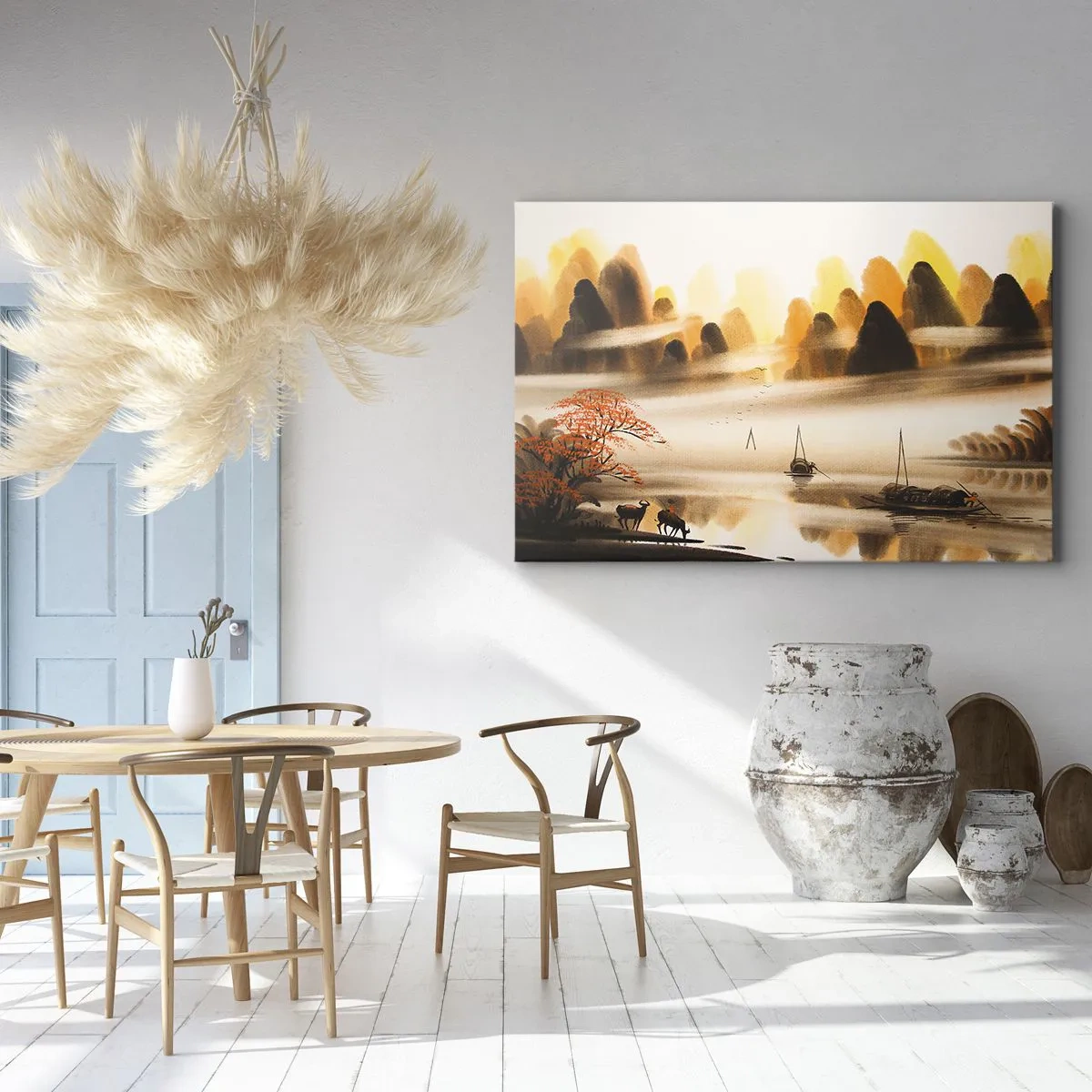 Bild auf Leinwand - Leinwandbild - Eine orientalische Landschaft mit Fluss, Bergen und sanftem Nebel. - 120x80cm - Weiter als im Fernosten - Moderne Wanddekoration für Wohnzimmer und Schlafzimmer ARTTOR