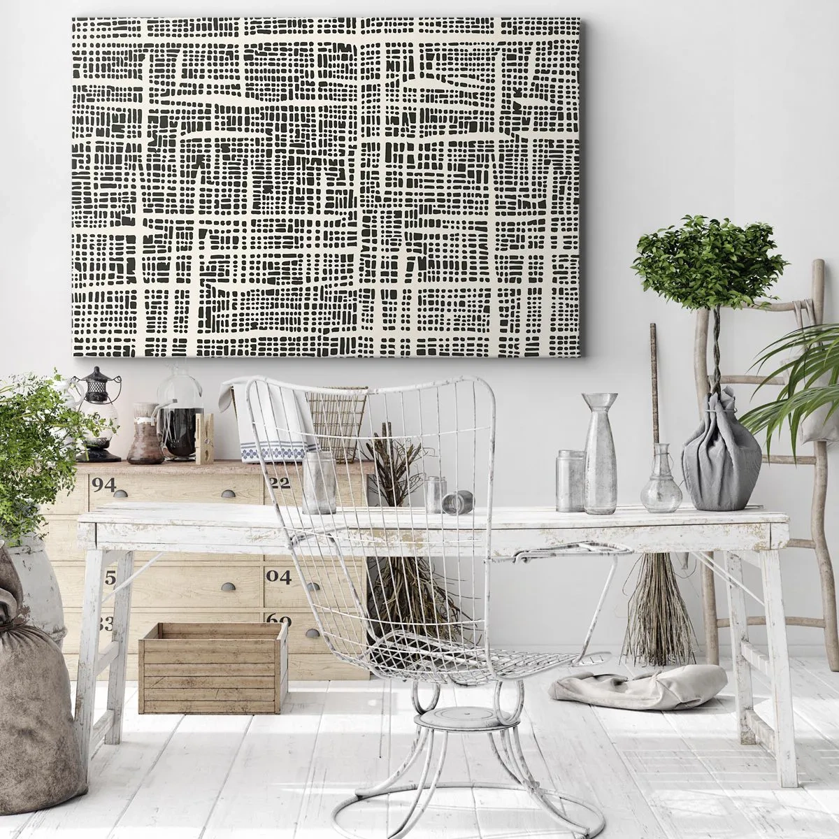 Bild auf Leinwand - Leinwandbild - Ein geometrisches Muster, das einem Gitter auf hellem Hintergrund ähnelt - 70x50cm - Gewebte Komposition - Moderne Wanddekoration für Wohnzimmer und Schlafzimmer ARTTOR