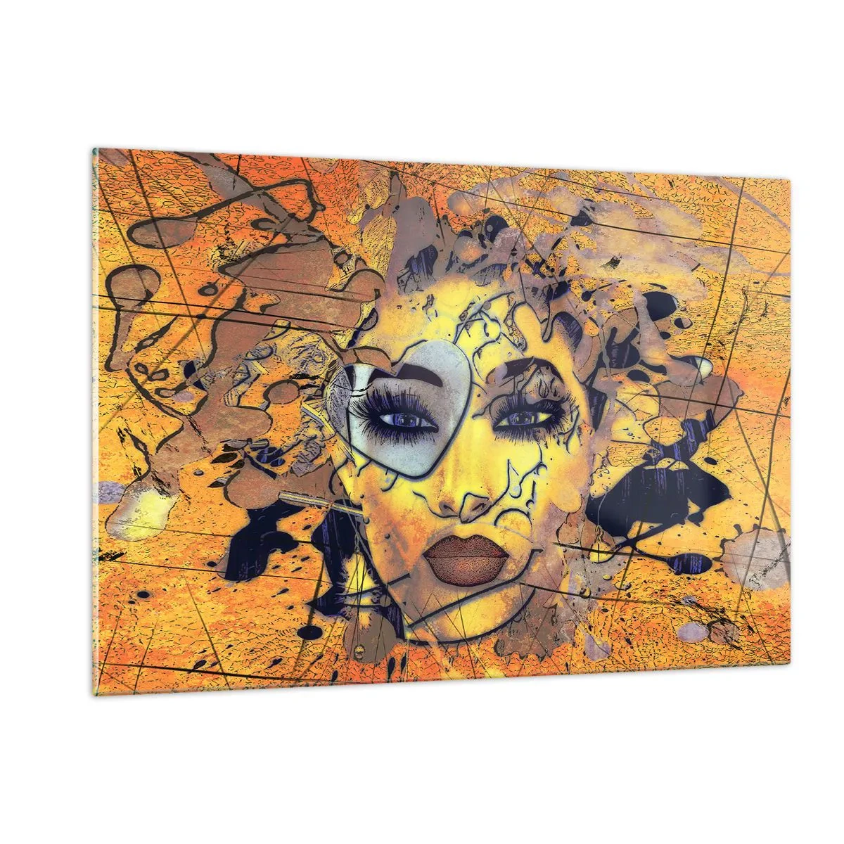 Glasbild - Bild auf glas - Abstraktes Frauengesicht in gold-orangen Tönen - 120x80cm - Sonnige Schönheit - Moderne Wanddekoration für Wohnzimmer und Schlafzimmer ARTTOR
