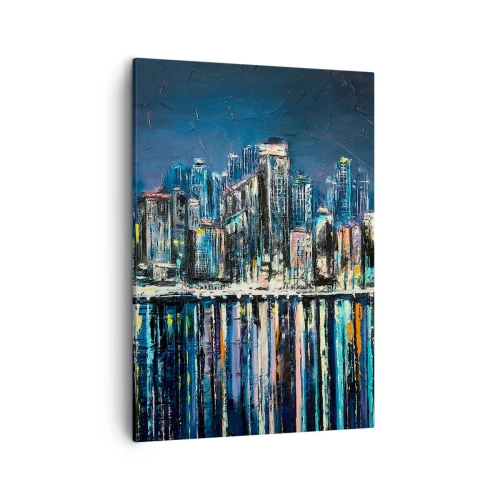 Bild auf Leinwand - Leinwandbild - Panorama der nächtlichen Stadt, die sich im Wasser spiegelt - 50x70cm - Kaskade von Lichtern - Moderne Wanddekoration für Wohnzimmer und Schlafzimmer ARTTOR
