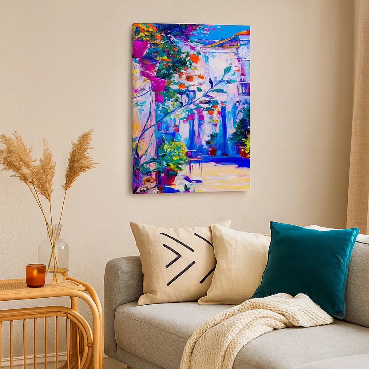 Bild auf Leinwand - Leinwandbild - Eine bunte Straße voller Blumen - 50x70cm - Impresja - eine italienische Straße - Moderne Wanddekoration für Wohnzimmer und Schlafzimmer ARTTOR
