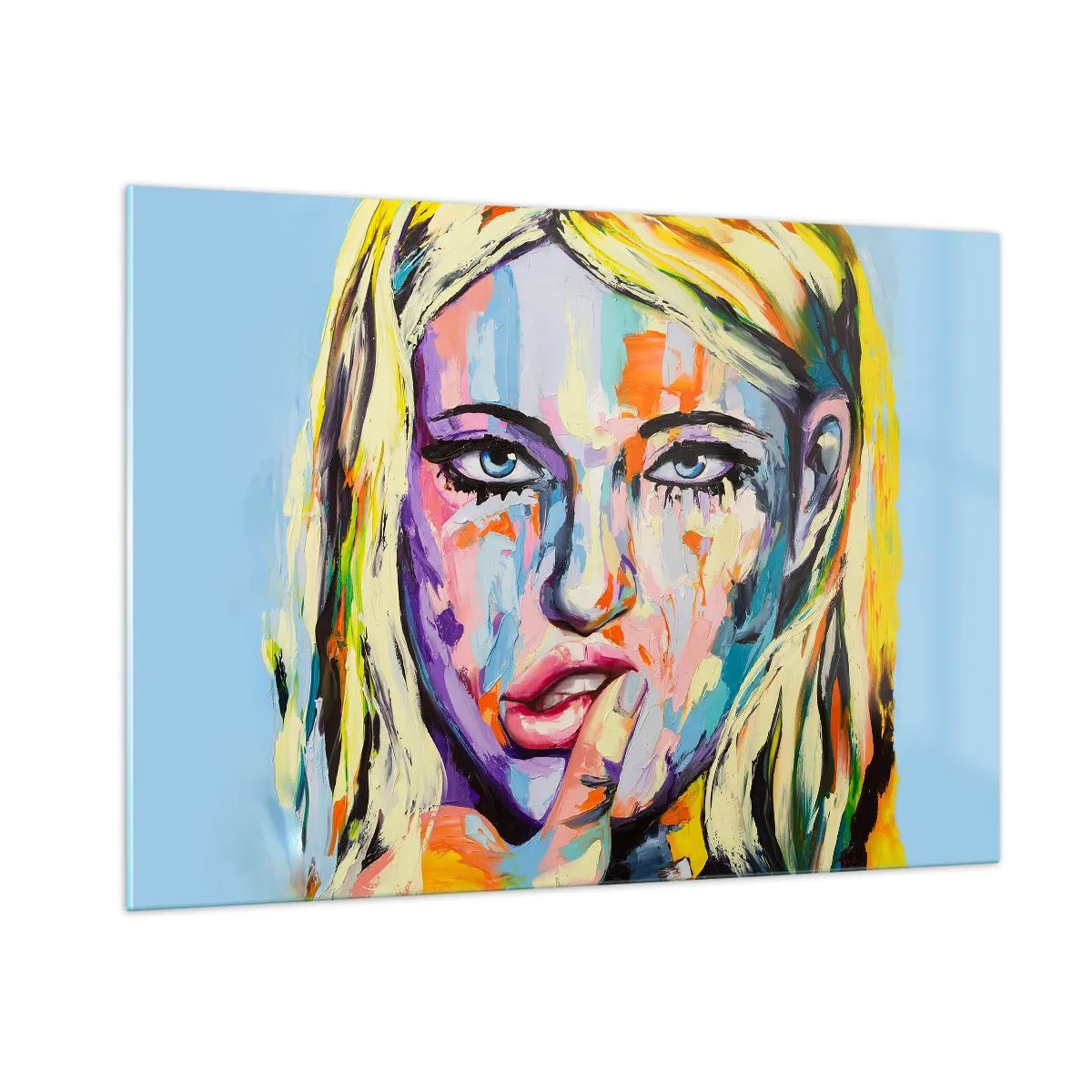 Glasbild - Bild auf glas - Ein farbenfrohes Porträt einer Frau mit nachdenklichem Ausdruck - 100x70cm - Schau ihr direkt in die Augen - Moderne Wanddekoration für Wohnzimmer und Schlafzimmer ARTTOR