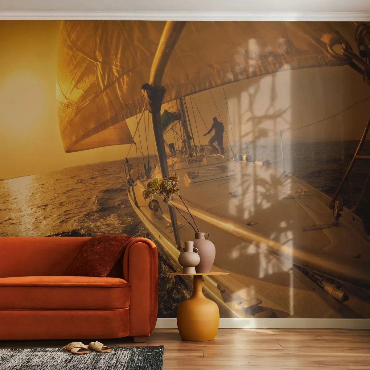 Fototapete Premium Sand - Ein Segelboot auf See bei Sonnenuntergang - 100x70cm - Ein goldener Abend nach einem bunten Tag - Moderne Wanddekoration für Wohnzimmer und Schlafzimmer ARTTOR