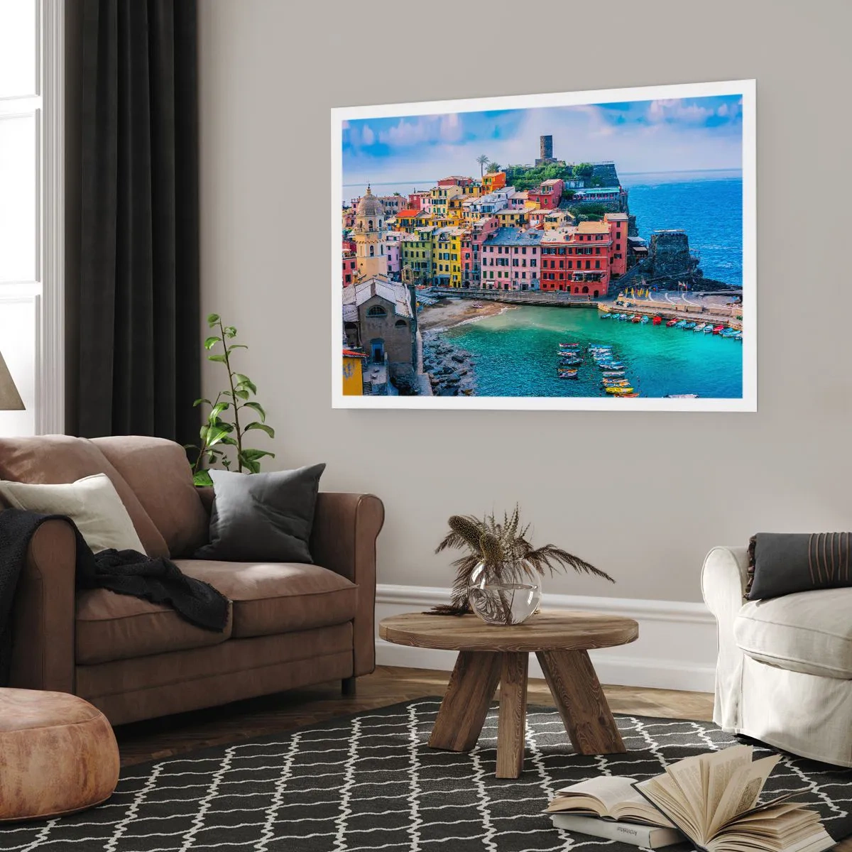 Poster - Eine farbenfrohe Küstenstadt mit einem malerischen Hafen - 100x70cm - Mediterrane Zauberstadt - Moderne Wanddekoration für Wohnzimmer und Schlafzimmer ARTTOR