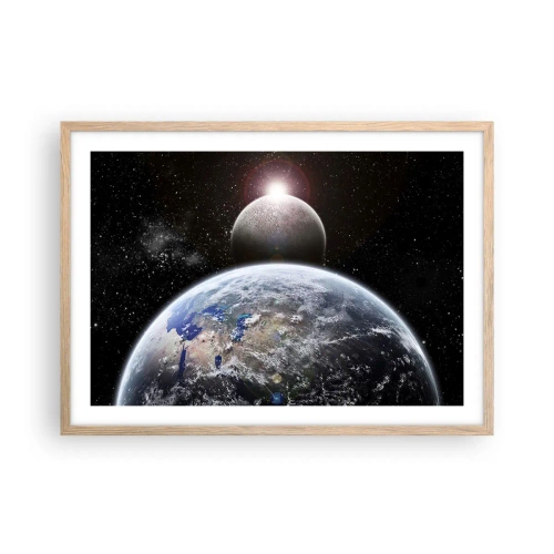 Poster in einem Rahmen aus heller Eiche - Weltraumlandschaft - Sonnenaufgang - 70x50 cm