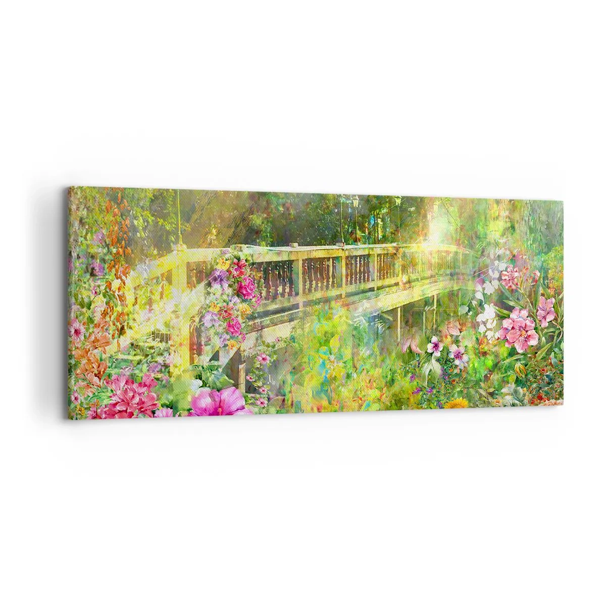 Bild auf Leinwand - Leinwandbild - Eine Brücke umgeben von üppiger Vegetation und Blumen - 120x50cm - Eine Brücke aus Frühlingsseufzern - Moderne Wanddekoration für Wohnzimmer und Schlafzimmer ARTTOR