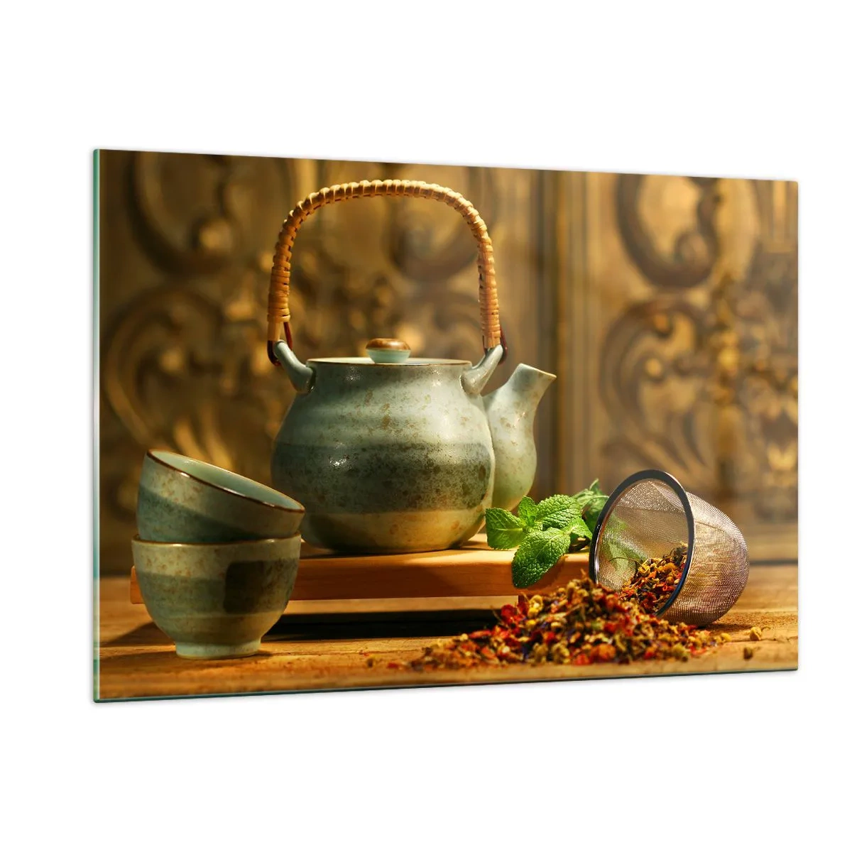 Glasbild - Bild auf glas - Keramik-Teeservice mit Kräutern im klassischen Dekor - 120x80cm - Abhandlung über das Teetrinken - Moderne Wanddekoration für Wohnzimmer und Schlafzimmer ARTTOR