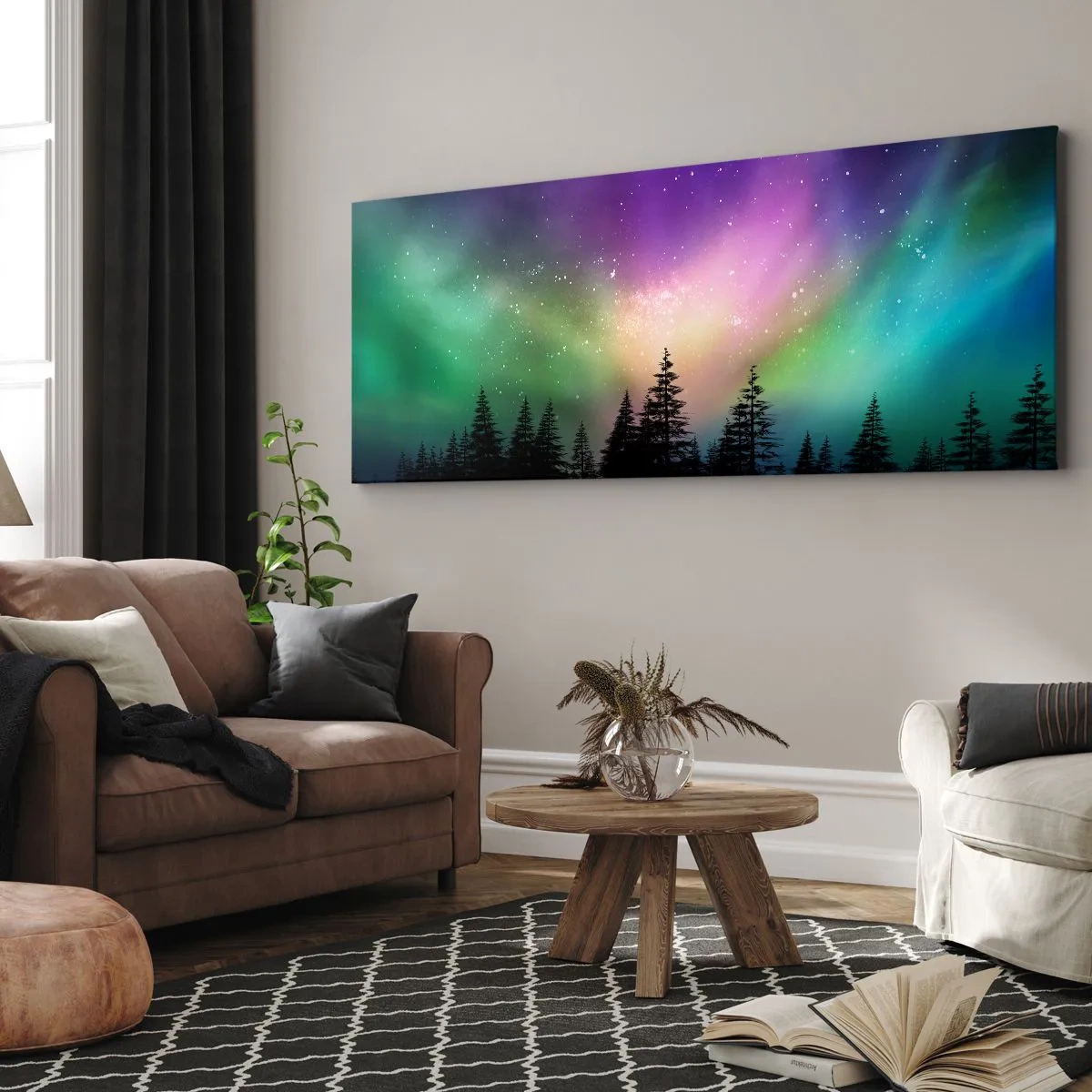 Bild auf Leinwand - Leinwandbild - Aurora Borealis über einem Wald mit Sternenhimmel - 160x50cm - weiße Magie - Moderne Wanddekoration für Wohnzimmer und Schlafzimmer ARTTOR