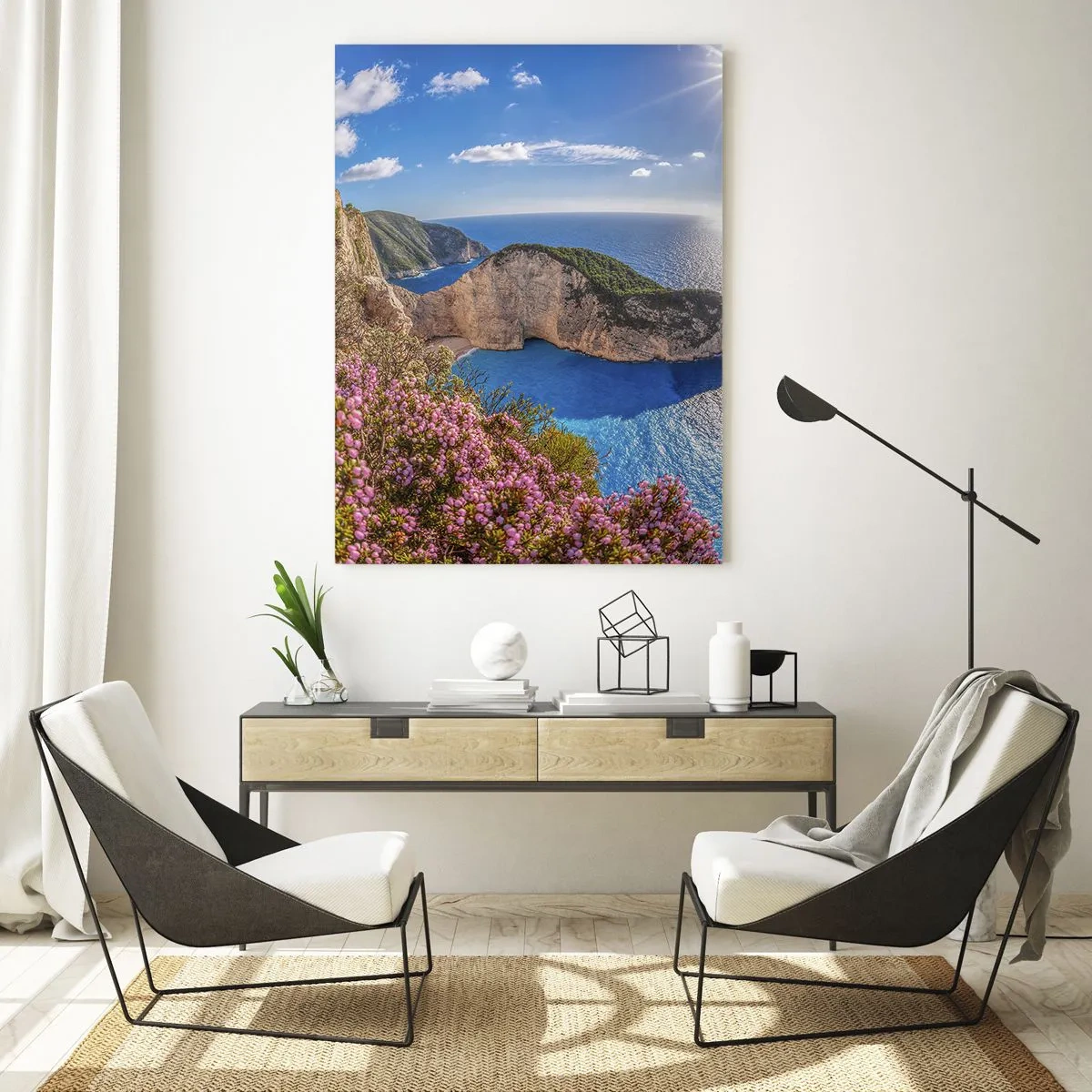 Glasbild - Bild auf glas - Eine Klippe mit Blumen, ein türkisfarbenes Meer und eine sonnige griechische Landschaft - 70x100cm - Mein toller Griechenlandurlaub - Moderne Wanddekoration für Wohnzimmer und Schlafzimmer ARTTOR