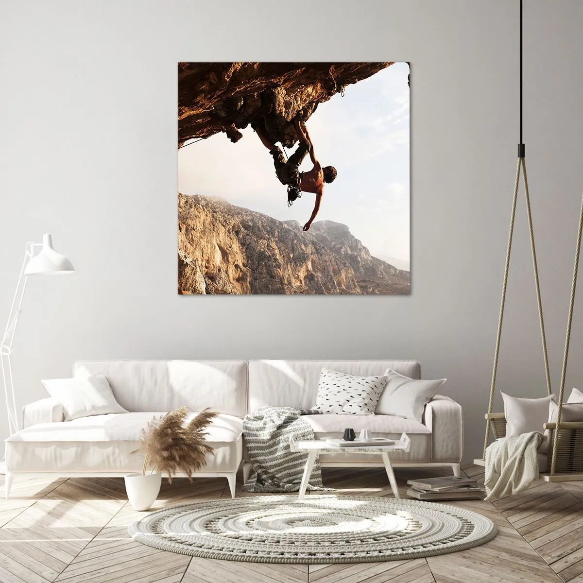 Bild auf Leinwand - Leinwandbild - Die Welt ist in einer Hand auf einem Felsblock geschrumpft - 70x70 cm