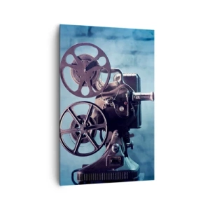 Bild auf Leinwand - Leinwandbild - Ein alter Filmprojektor wirft Licht vor einen blauen Hintergrund - 80x120cm - Im alten Kino - Moderne Wanddekoration für Wohnzimmer und Schlafzimmer ARTTOR