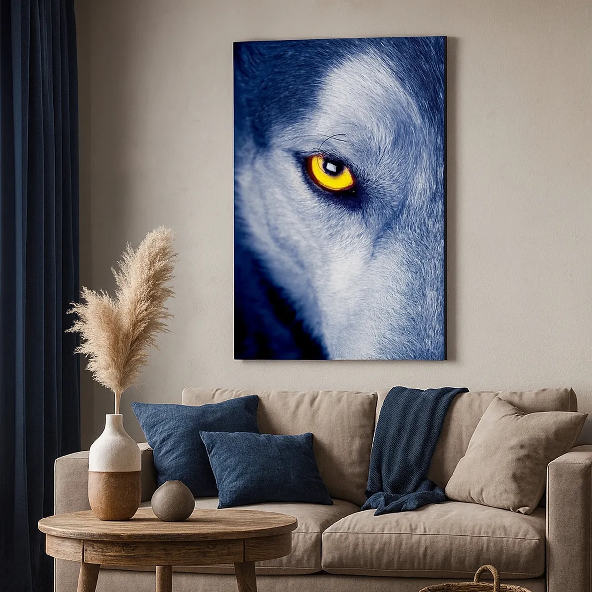 Bild auf Leinwand - Leinwandbild - Nahaufnahme des intensiven Blicks eines Wolfes vor dunklem Hintergrund - 50x70cm - Faszinierender Blick - Moderne Wanddekoration für Wohnzimmer und Schlafzimmer ARTTOR