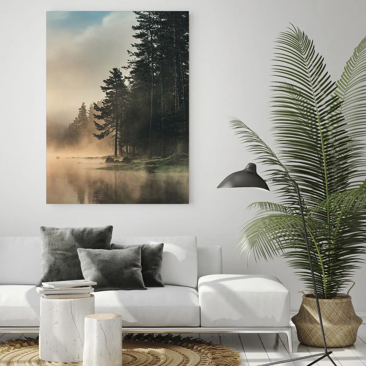 Glasbild - Bild auf glas - Ein nebliger Morgen über einem Waldsee - 50x70cm - Die Geburt des Tages - Moderne Wanddekoration für Wohnzimmer und Schlafzimmer ARTTOR