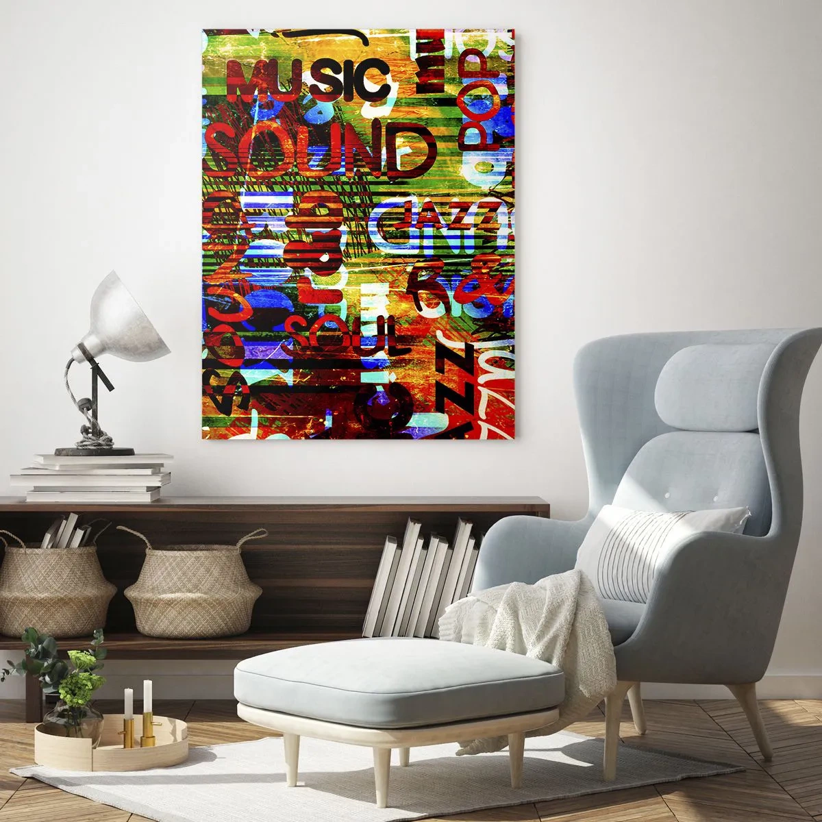 Glasbild - Bild auf glas - Bunte Abstraktion mit Musikinschriften im Pop-Art-Stil - 70x100cm - Alle Farben des Klangs - Moderne Wanddekoration für Wohnzimmer und Schlafzimmer ARTTOR