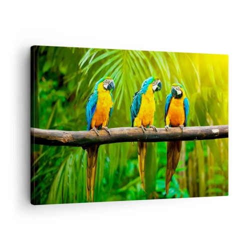 Bild auf Leinwand - Leinwandbild - Drei bunte Papageien vor einem Hintergrund aus tropischem Grün - 70x50cm - Und hast du gehört, dass sie ...? - Moderne Wanddekoration für Wohnzimmer und Schlafzimmer ARTTOR