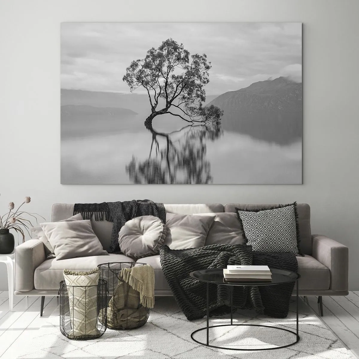 Glasbild - Bild auf glas - Ein einsamer Baum auf dem Wasser in einer schwarz-weißen Landschaft - 70x50cm - Es gibt so ein Land - Moderne Wanddekoration für Wohnzimmer und Schlafzimmer ARTTOR