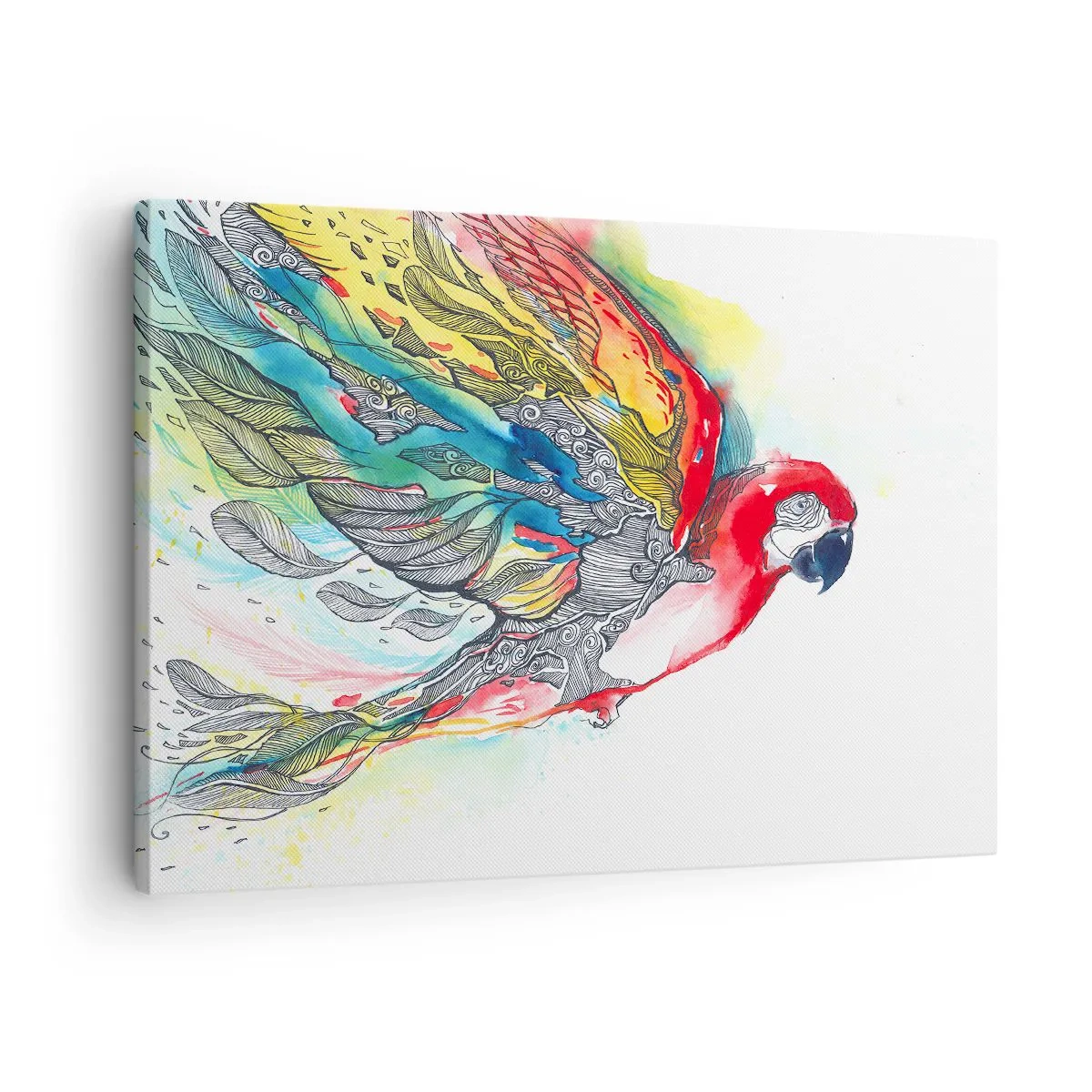 Bild auf Leinwand - Leinwandbild - Ein bunter Papagei im Flug mit abstrakten Mustern auf seinen Flügeln. - 70x50cm - Leben Sie bunt - Moderne Wanddekoration für Wohnzimmer und Schlafzimmer ARTTOR
