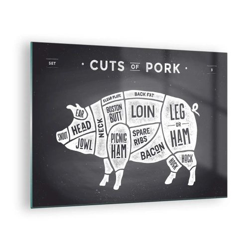Glasbild - Bild auf glas - Diagramm von Schweinefleischstücken auf einer schwarzen Tafel - 70x50cm - Metzger Grundierung - Moderne Wanddekoration für Wohnzimmer und Schlafzimmer ARTTOR