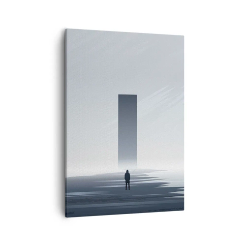 Bild auf Leinwand - Leinwandbild - Eine minimalistische Landschaft mit einer Silhouette neben einem rechteckigen Monolithen - 50x70cm - Chance oder Bedrohung? - Moderne Wanddekoration für Wohnzimmer und Schlafzimmer ARTTOR
