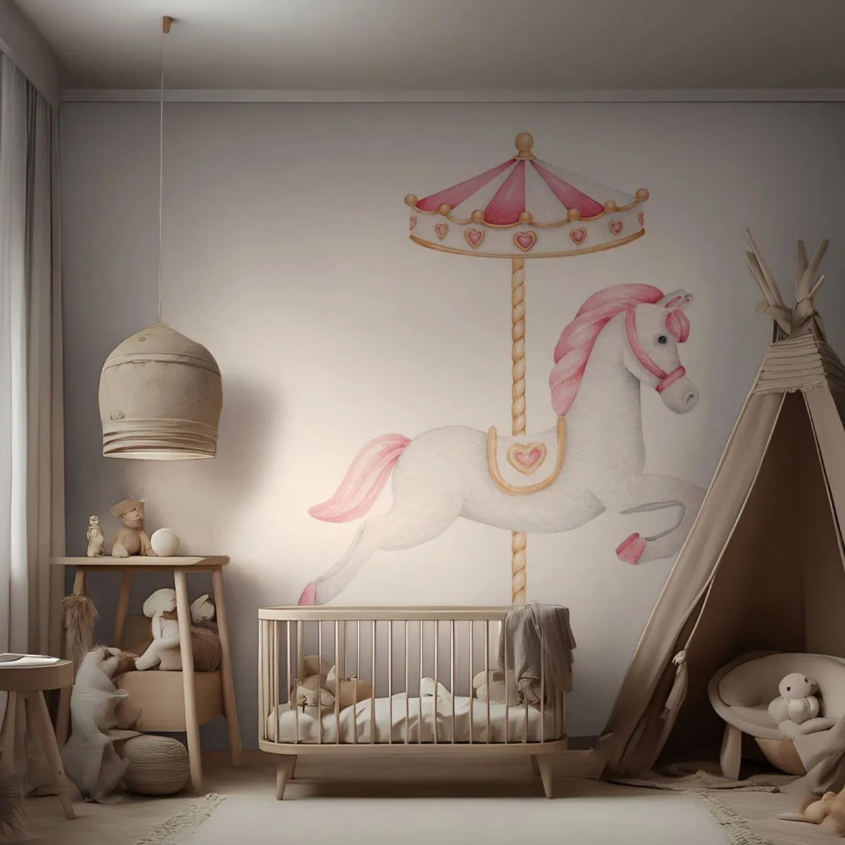 Maßgeschneiderte selbstklebende Fototapete Deluxe Sticker - Er legte los - Pferd, Karussell, Mädchenhaft