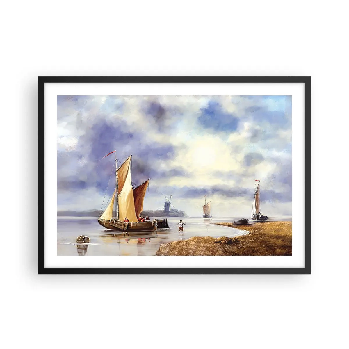 Poster in einem schwarzem Rahmen - Segelboote auf ruhigem Wasser mit Windmühlen im Hintergrund - 70x50cm - Die Rückkehr der Seeleute - Moderne Wanddekoration für Wohnzimmer und Schlafzimmer ARTTOR