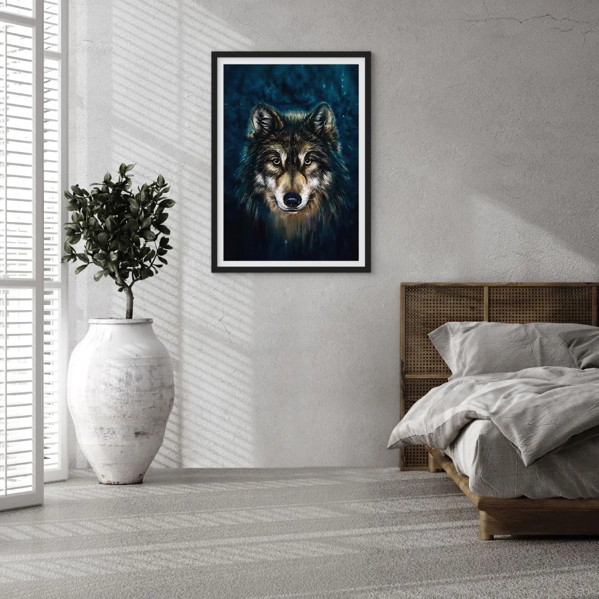 Poster in einem schwarzem Rahmen - Porträt eines Wolfes in dunklem, künstlerischem Ton - 50x70cm - Alpha? Und Omega - Moderne Wanddekoration für Wohnzimmer und Schlafzimmer ARTTOR