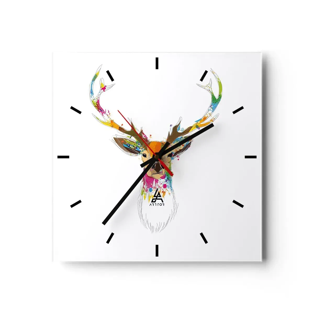 Wanduhr - Glasuhr - Bunter Hirschkopf im künstlerischen Stil - 30x30cm - Ein mildes Reh in Farbe getaucht - Moderne Wanddekoration für Wohnzimmer und Schlafzimmer ARTTOR
