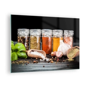Glasbild - Bild auf glas - Bunte Gewürze in Gläsern auf dunklem Hintergrund - 70x50cm - Für einen Geschmack des Lebens - Moderne Wanddekoration für Wohnzimmer und Schlafzimmer ARTTOR