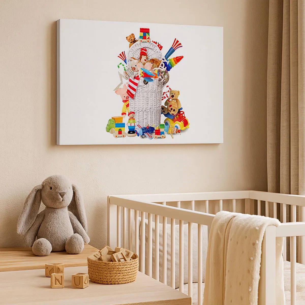 Bild auf Leinwand - Leinwandbild - Ein bunter Korb voller Kinderspielzeug - 70x50cm - Schätze für Kleinkinder - Moderne Wanddekoration für Wohnzimmer und Schlafzimmer ARTTOR