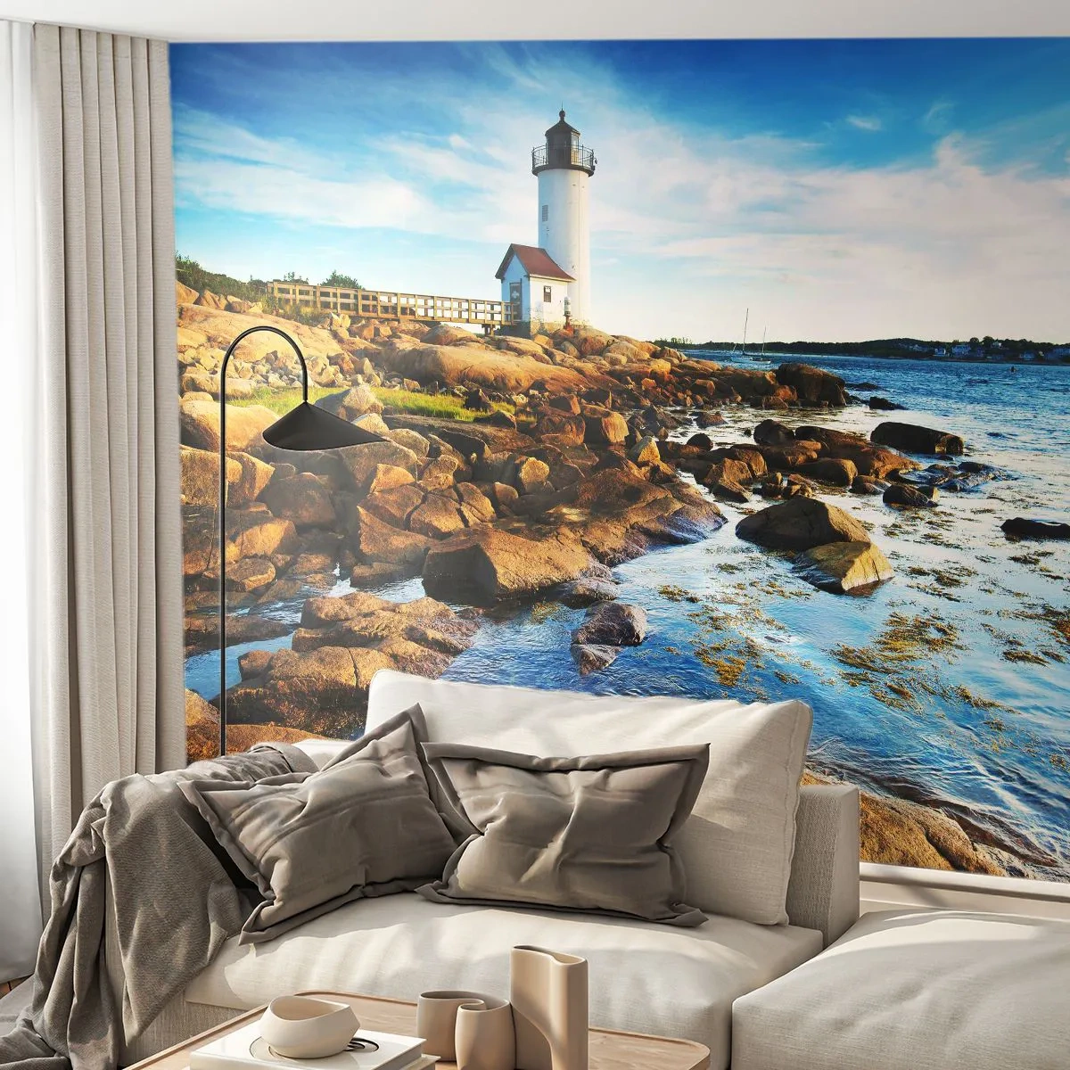 Selbstklebende Fototapete Deluxe Sticker - Komm glücklich zurück, ich warte - Landschaft, Leuchtturm, Atlantischer Ozean - 150x105 cm
