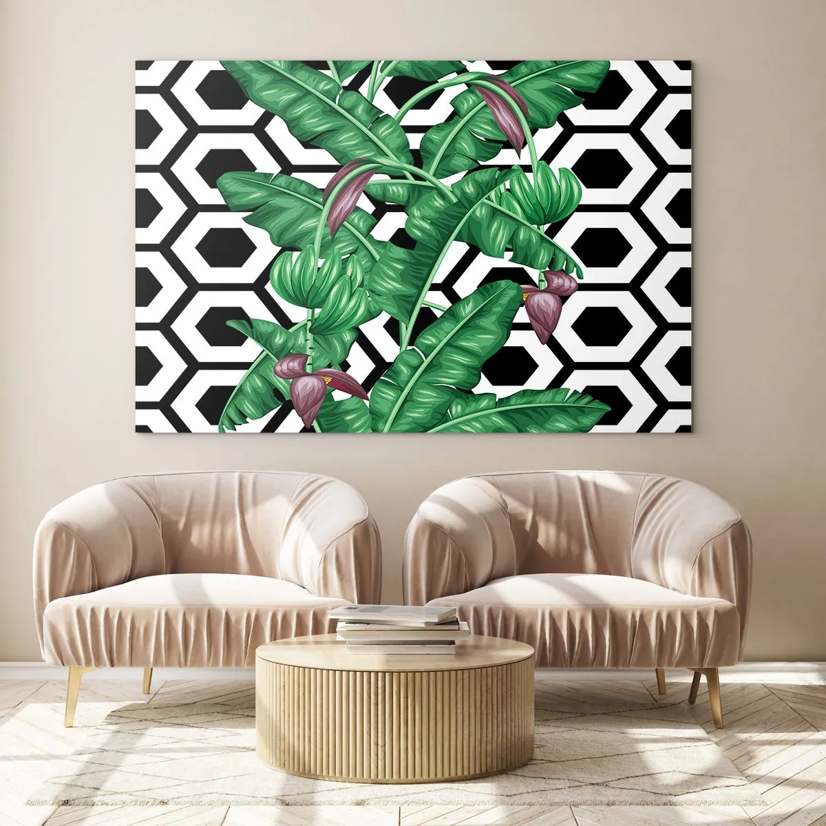 Glasbild - Bild auf glas - Tropische Blätter und Blumen vor einem schwarz-weißen geometrischen Musterhintergrund - 120x80cm - Von Natur aus eine symmetrische Komposition - Moderne Wanddekoration für Wohnzimmer und Schlafzimmer ARTTOR