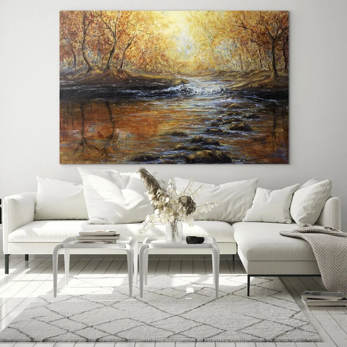 Glasbild - Bild auf glas - Ein goldener Bach im Wald, umgeben von Herbstbäumen - 70x50cm - Der goldene Strom - Moderne Wanddekoration für Wohnzimmer und Schlafzimmer ARTTOR
