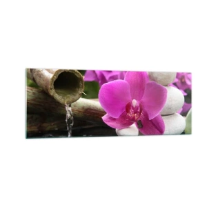 Glasbild - Bild auf glas - Lila Orchidee, Steine und Bambus mit Wasser in einer entspannenden Umgebung - 140x50cm - Du ruhst dich schon aus - Moderne Wanddekoration für Wohnzimmer und Schlafzimmer ARTTOR