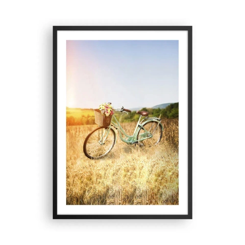 Poster in einem schwarzem Rahmen - Ein Fahrrad mit einem Korb voller Blumen auf einer Wiese - 50x70cm - Ich bleibe eine Weile hier - Moderne Wanddekoration für Wohnzimmer und Schlafzimmer ARTTOR