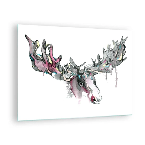 Glasbild - Bild auf glas - Buntes Aquarell eines Elches mit ausgedehntem Geweih - 70x50cm - Krone des Waldkönigs - Moderne Wanddekoration für Wohnzimmer und Schlafzimmer ARTTOR