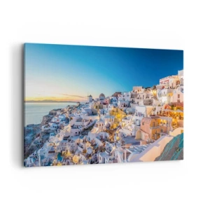 Bild auf Leinwand - Leinwandbild - Blick auf eine griechische Stadt bei Sonnenuntergang - 120x80cm - Die Essenz des Griechischen - Moderne Wanddekoration für Wohnzimmer und Schlafzimmer ARTTOR