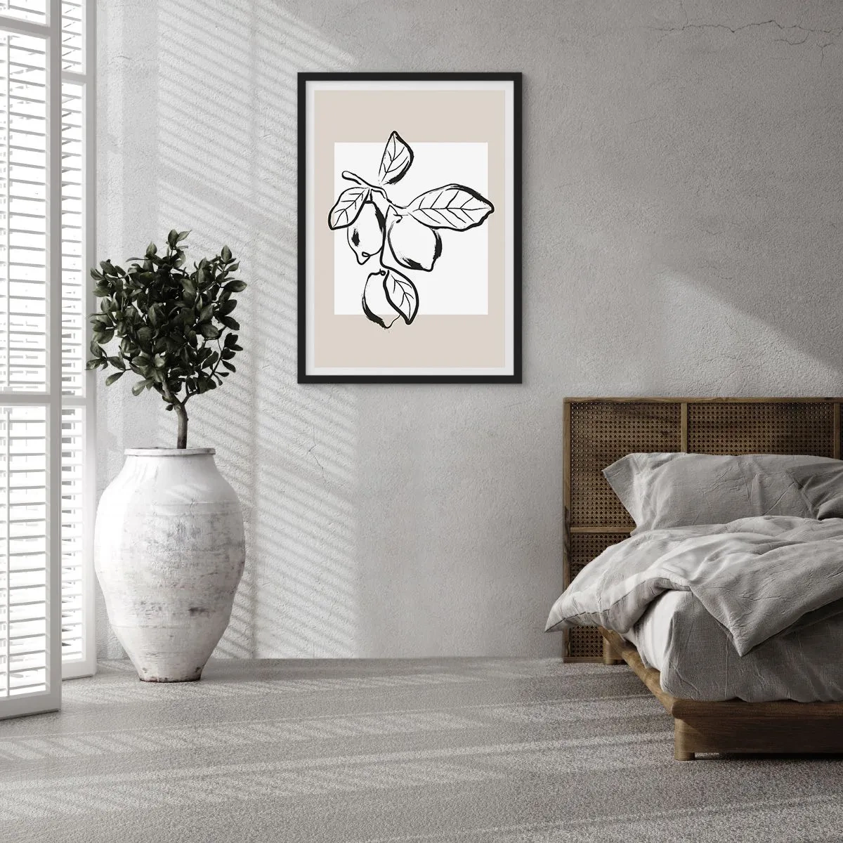 Poster in einem schwarzem Rahmen - Eine minimalistische Illustration eines Zitronenzweigs im Schwarz-Weiß-Stil. - 50x70cm - Dort, wo Zitronen reifen… - Moderne Wanddekoration für Wohnzimmer und Schlafzimmer ARTTOR