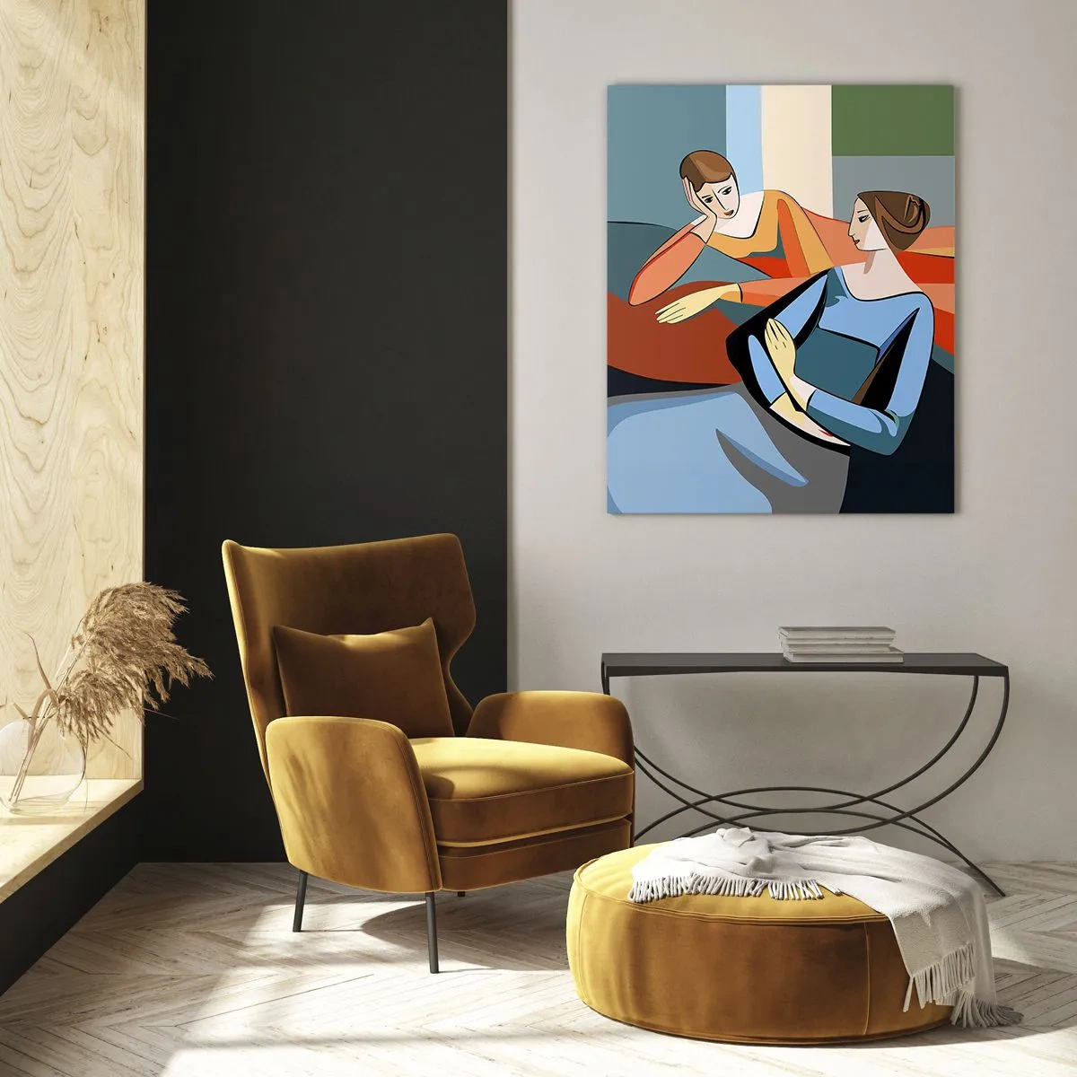 Glasbild - Bild auf glas - Eine geometrische Szene eines Gesprächs zwischen zwei Frauen vor dem Hintergrund eines Innenraums. - 50x70cm - Moment der Zuversicht - Moderne Wanddekoration für Wohnzimmer und Schlafzimmer ARTTOR