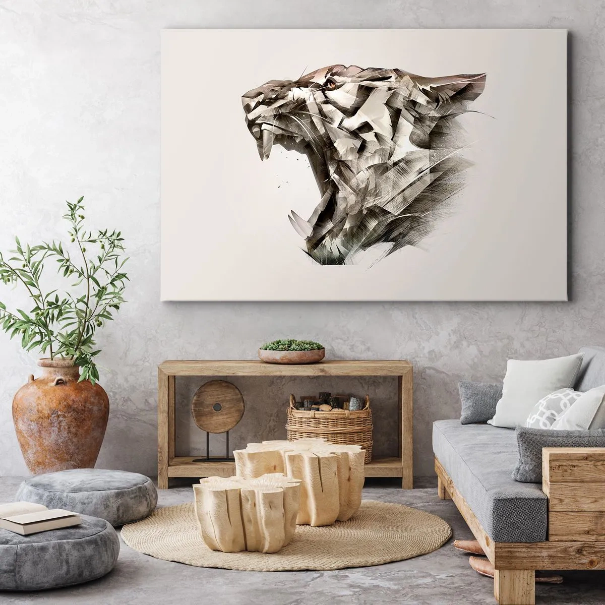 Bild auf Leinwand - Leinwandbild - Abstraktes Bild eines Tigers in Beigetönen - 100x70cm - Du weißt schon wer das Sagen hat - Moderne Wanddekoration für Wohnzimmer und Schlafzimmer ARTTOR